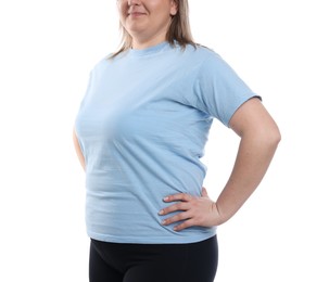 Photo of Weight loss. Plus size woman on white background, closeup