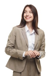 Photo of Happy woman in suit on white background