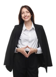 Photo of Happy woman in suit on white background