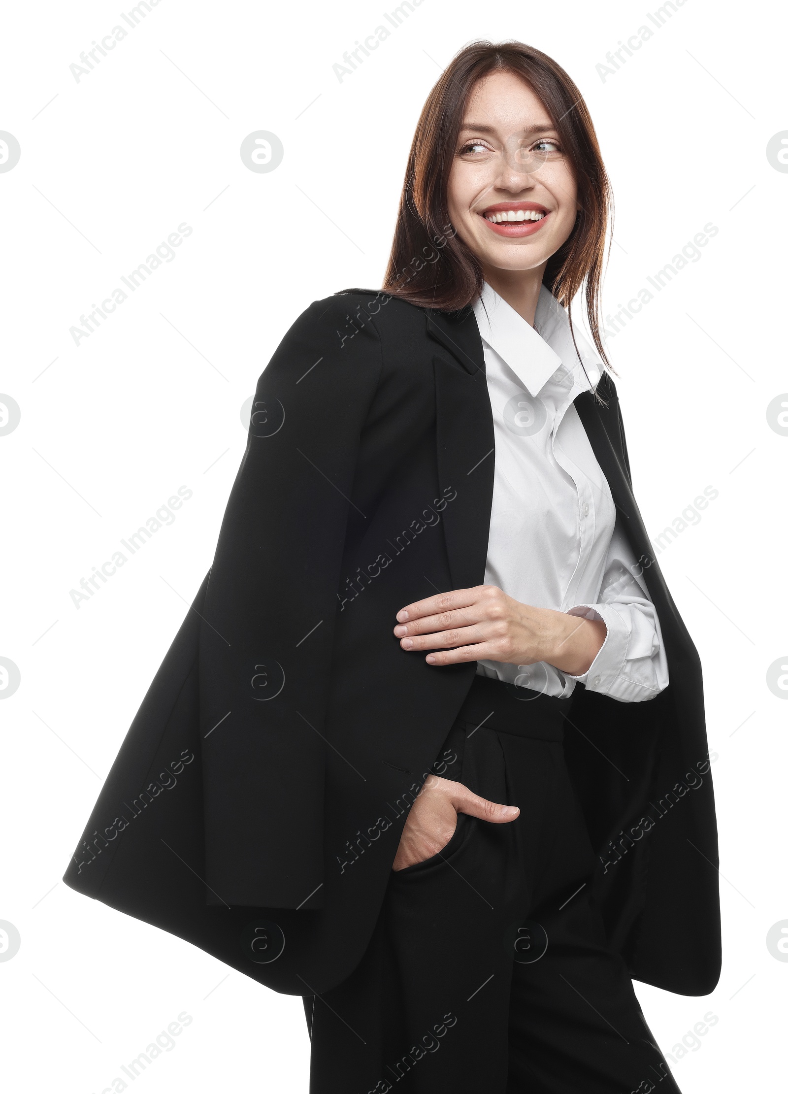 Happy woman in suit on white background Photo of Happy woman in suit on white background