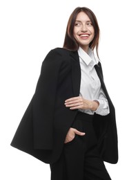 Photo of Happy woman in suit on white background