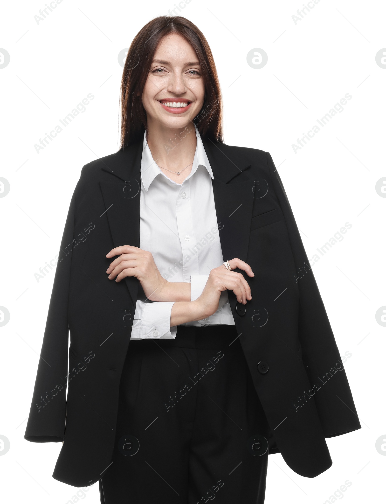 Happy woman in suit on white background Photo of Happy woman in suit on white background