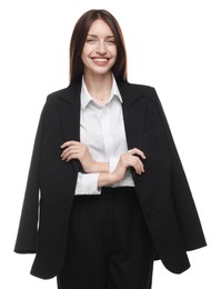 Photo of Happy woman in suit on white background