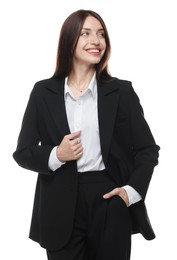 Photo of Happy woman in suit on white background