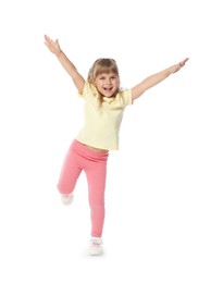 Photo of Happy little girl dancing on white background