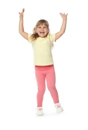Photo of Happy little girl dancing on white background