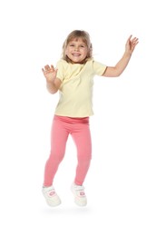 Photo of Happy little girl dancing on white background