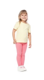 Photo of Happy little dancer posing on white background