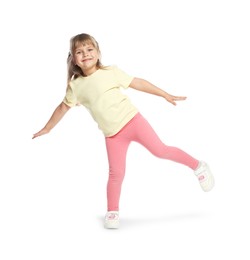 Photo of Happy little girl dancing on white background