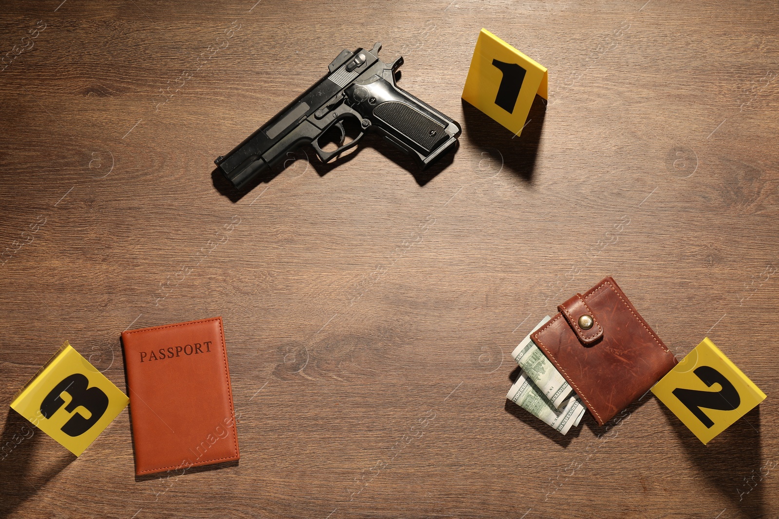 Forensic expertise. Crime scene with evidence, markers and police tape on wooden background, flat lay Photo of Forensic expertise. Crime scene with evidence, markers and police tape on wooden background, flat lay