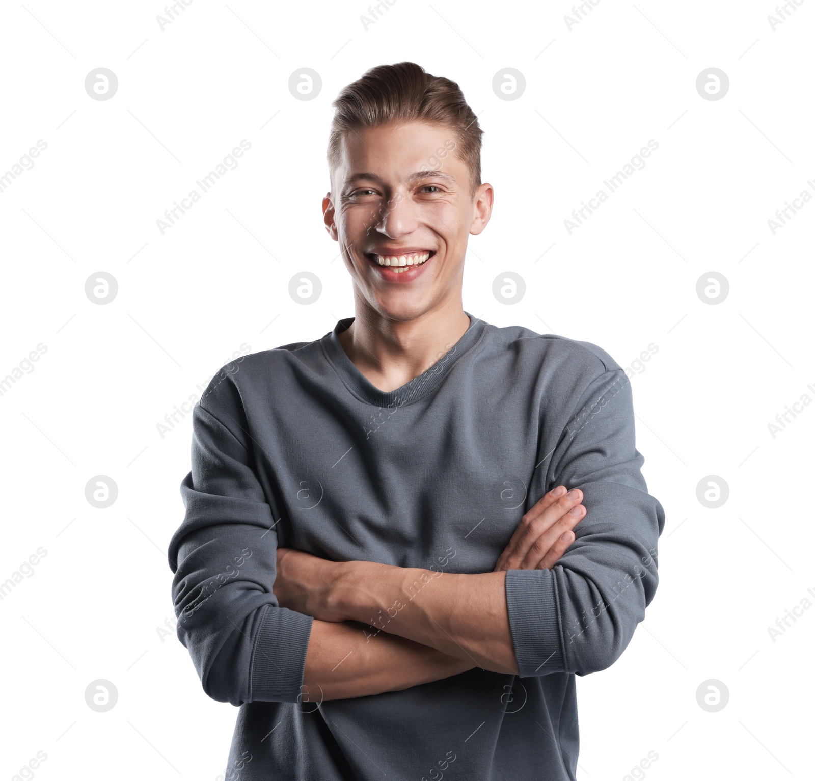 Portrait of cheerful young man on white background Photo of Portrait of cheerful young man on white background