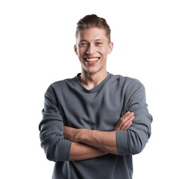 Photo of Portrait of cheerful young man on white background