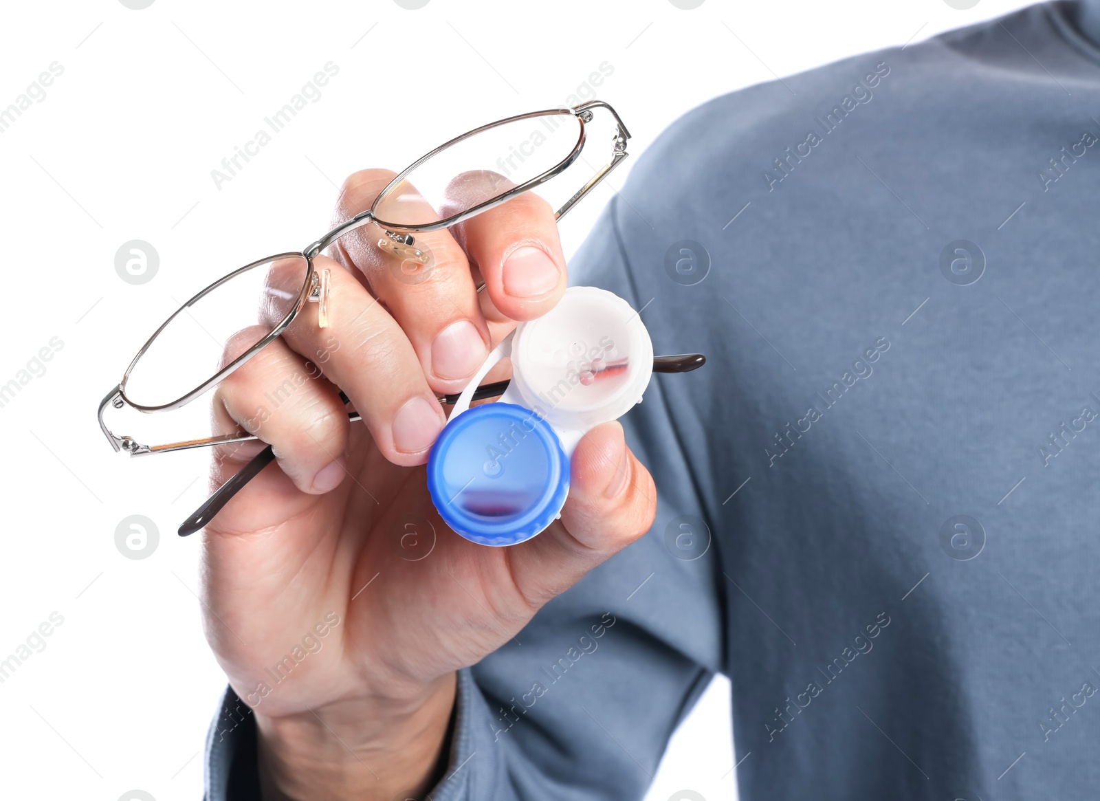 Man with glasses and contact lenses on white background, closeup Photo of Man with glasses and contact lenses on white background, closeup