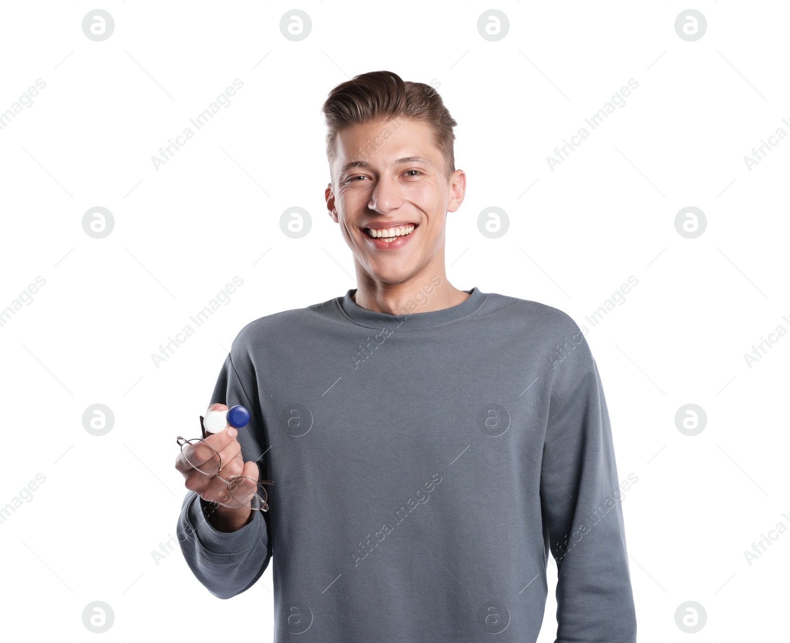 Man with glasses and contact lenses on white background Photo of Man with glasses and contact lenses on white background
