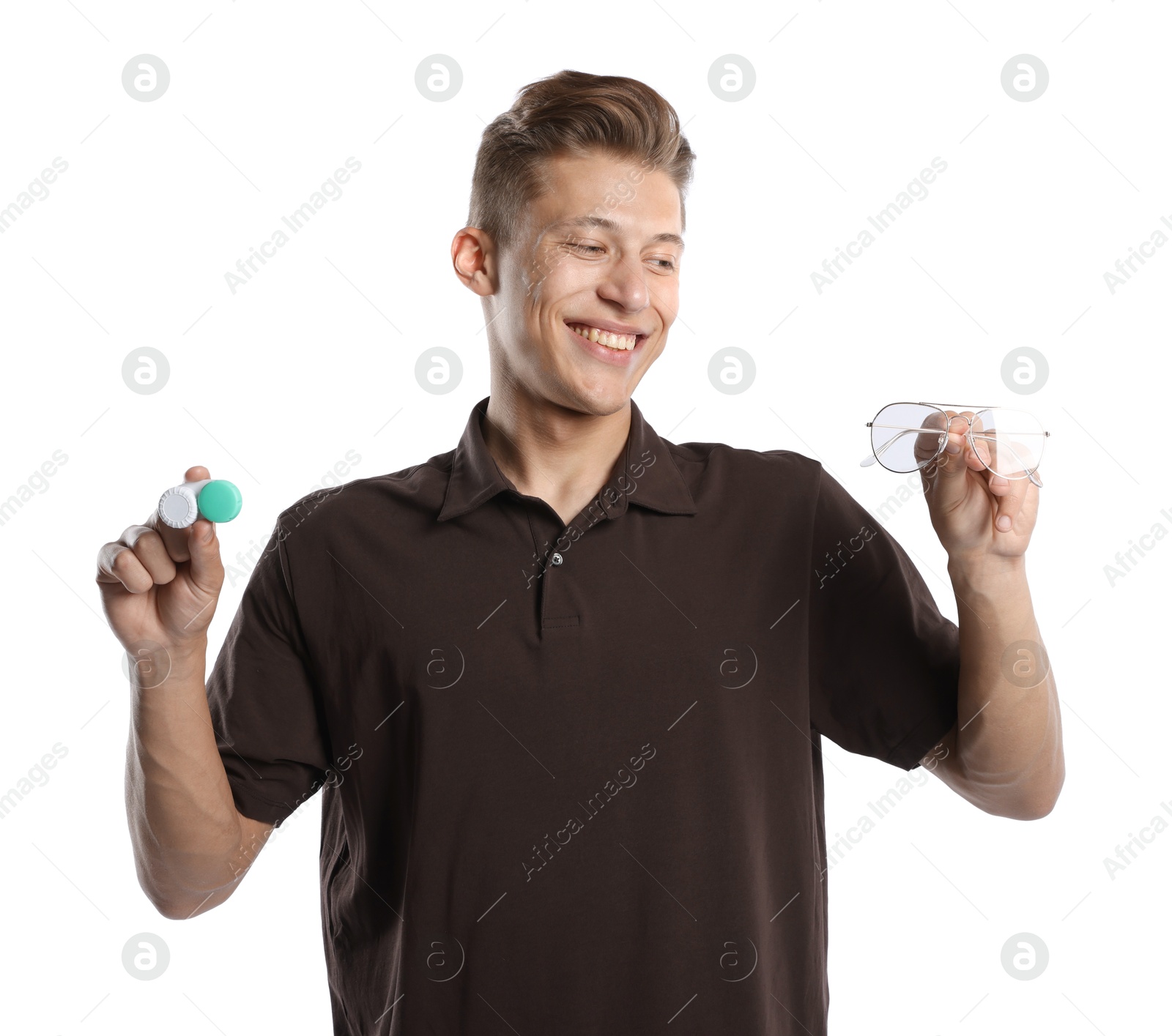 Man choosing between glasses and contact lenses on white background Photo of Man choosing between glasses and contact lenses on white background