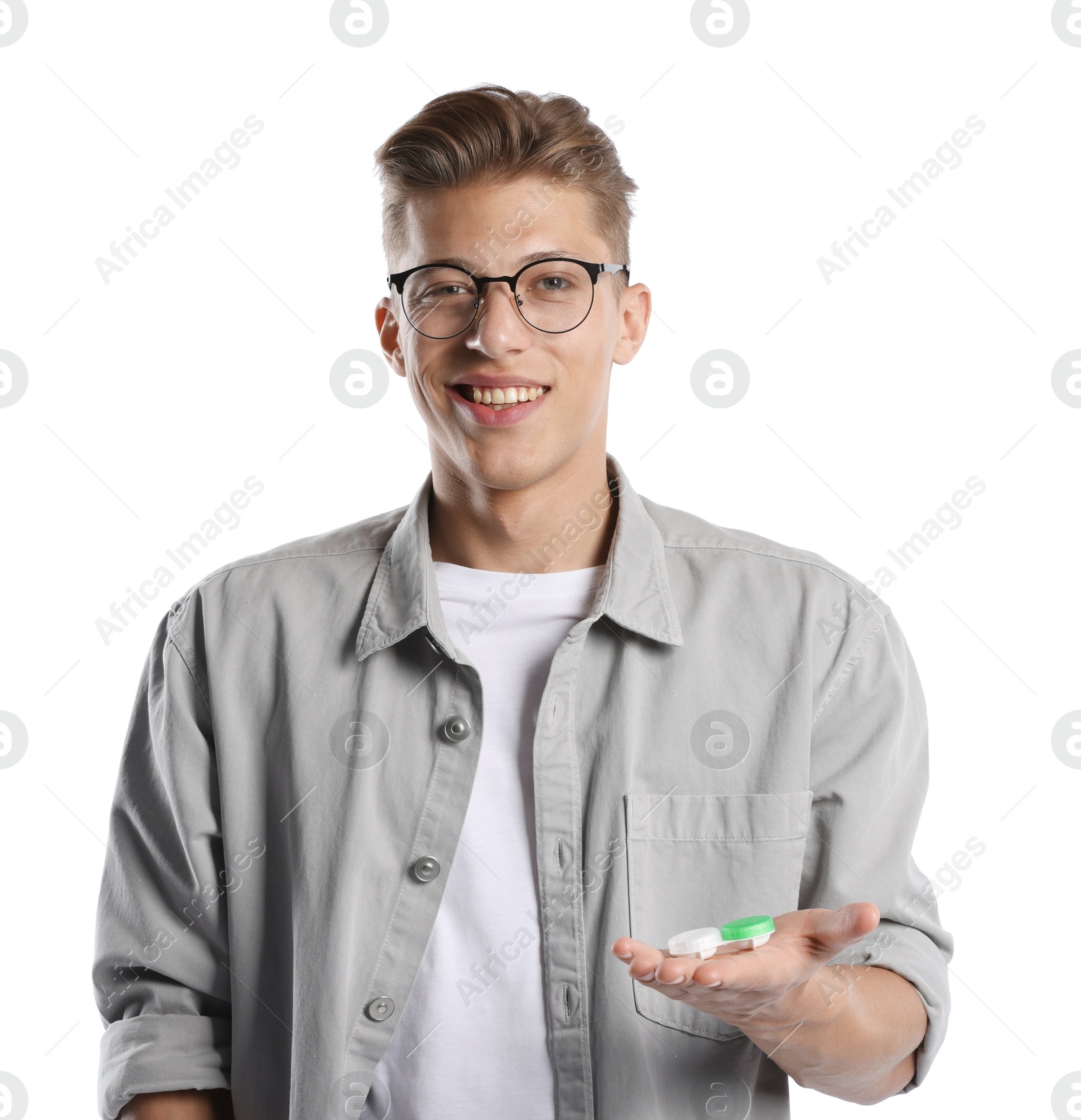 Man choosing between glasses and contact lenses on white background Photo of Man choosing between glasses and contact lenses on white background