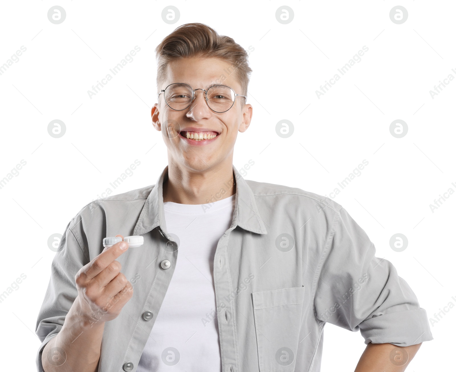 Man choosing between glasses and contact lenses on white background Photo of Man choosing between glasses and contact lenses on white background