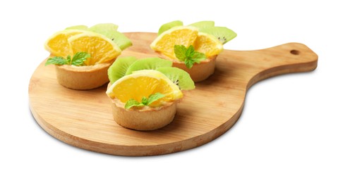Photo of Tartlets with fruits and mint isolated on white. Delicious dessert