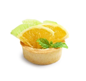 Photo of Tartlet with orange, kiwi and mint isolated on white. Delicious dessert