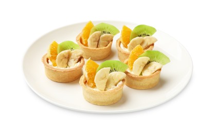Photo of Tartlets with fruits isolated on white. Delicious dessert