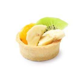 Photo of Tartlet with orange, banana and kiwi isolated on white. Delicious dessert
