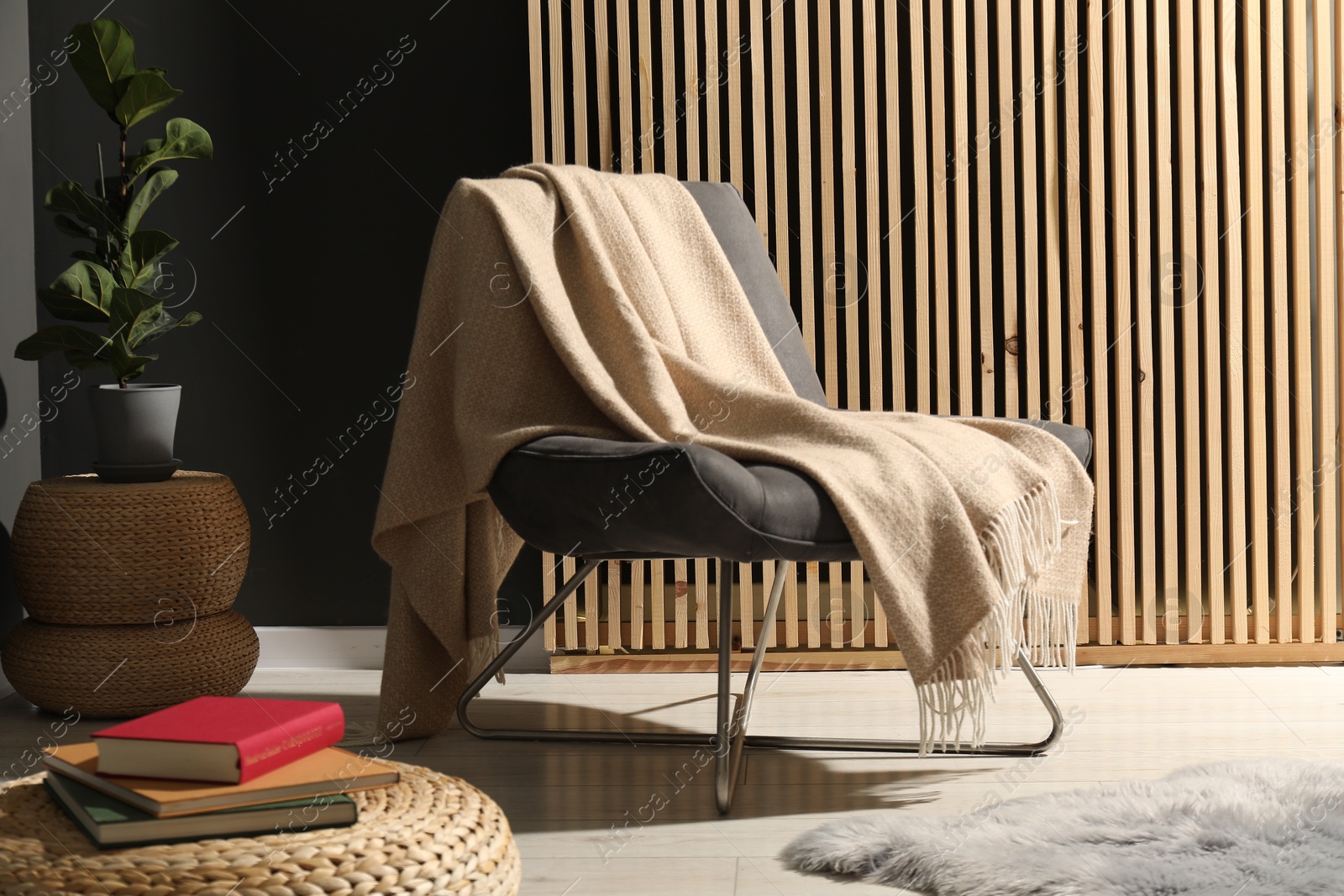 Comfortable armchair with woolen blanket, houseplant and books indoors Photo of Comfortable armchair with woolen blanket, houseplant and books indoors