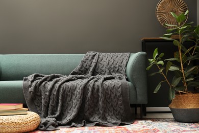 Photo of Gray woolen blanket on sofa and houseplant indoors