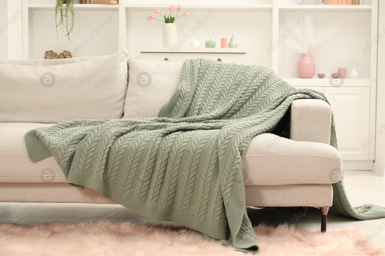 Green woolen blanket on sofa in room Photo of Green woolen blanket on sofa in room