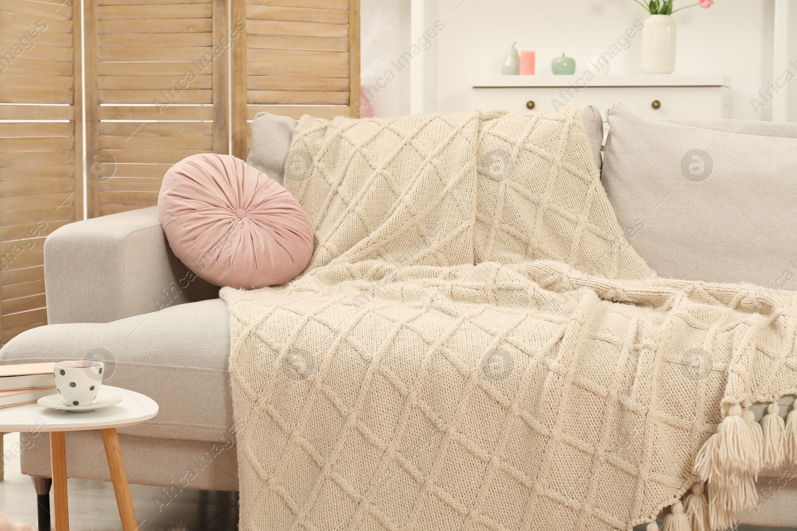 Comfortable sofa with woolen blanket, pillow, books and cup on side table indoors Photo of Comfortable sofa with woolen blanket, pillow, books and cup on side table indoors