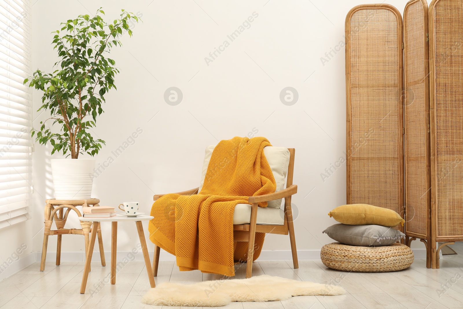 Comfortable armchair with orange woolen blanket, houseplant, books and cup on table indoors Photo of Comfortable armchair with orange woolen blanket, houseplant, books and cup on table indoors