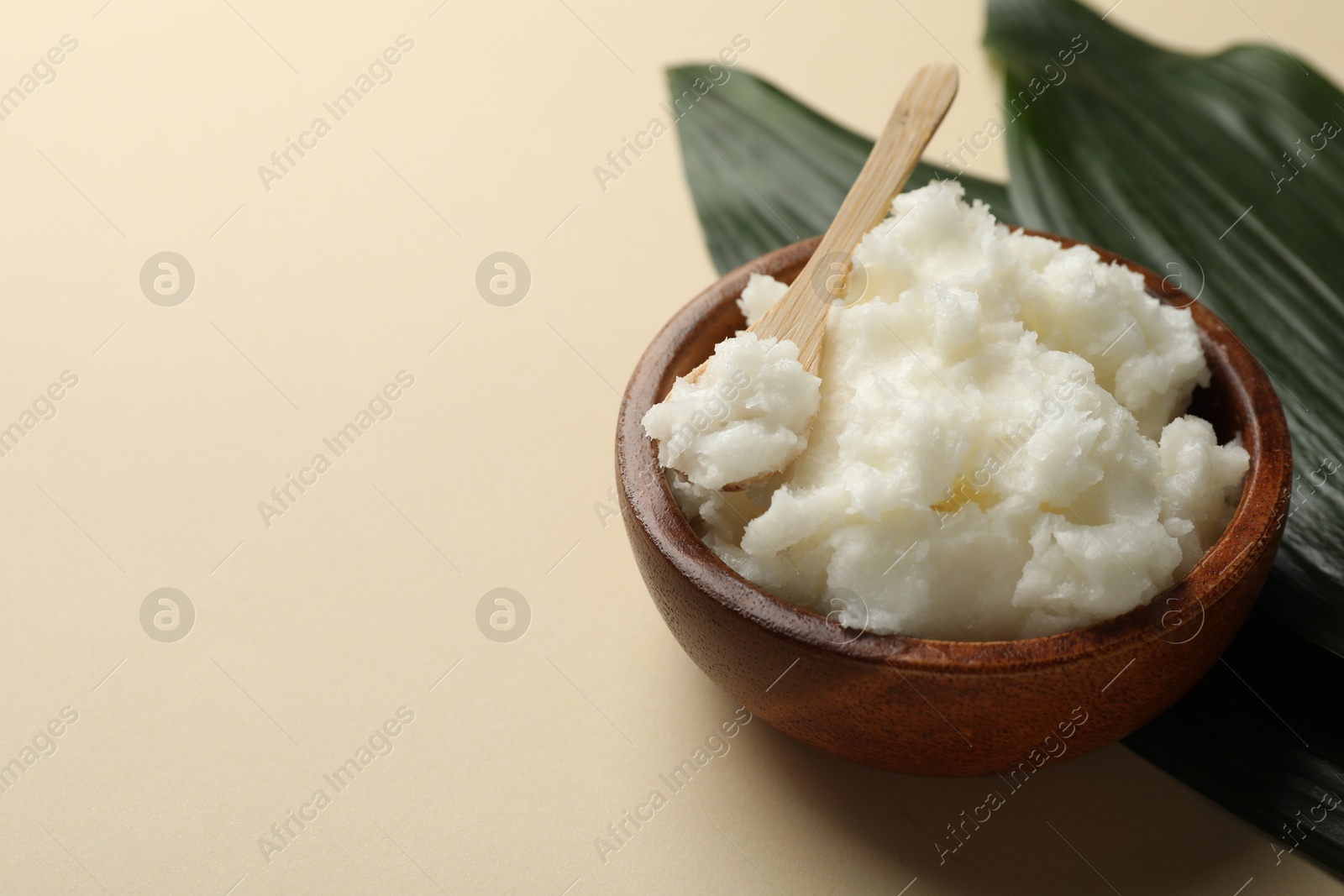 Natural shea butter and leaves on beige background, closeup. Space for text Photo of Natural shea butter and leaves on beige background, closeup. Space for text