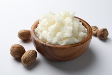 Photo of Natural shea butter on white background, closeup
