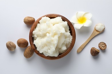Photo of Natural shea butter on white background, flat lay