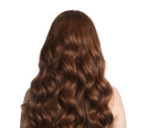 Photo of Teenage girl with healthy wavy hair on white background, back view