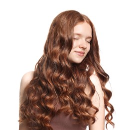 Photo of Teenage girl with healthy wavy hair on white background