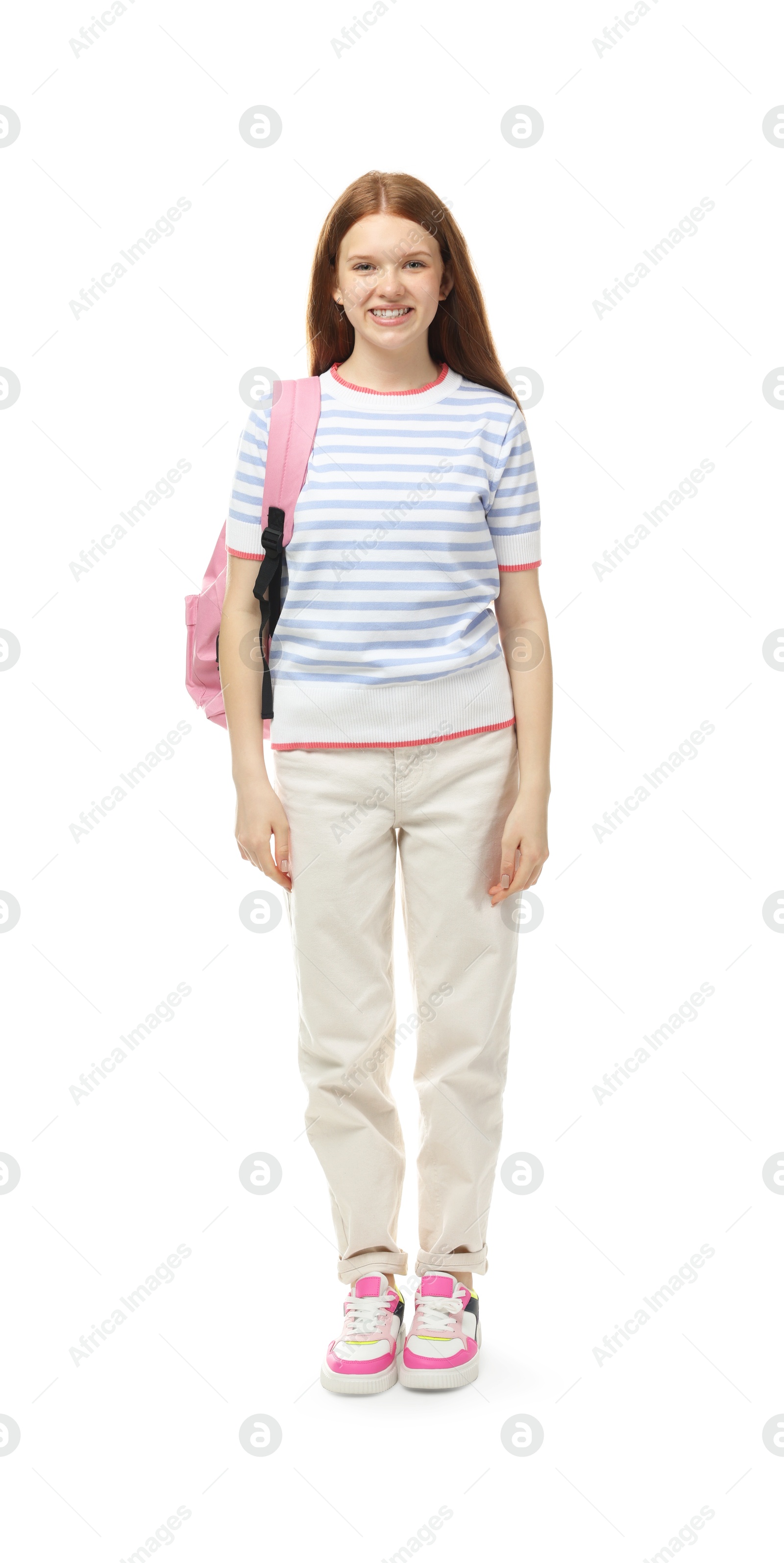 Teenage girl with backpack on white background Photo of Teenage girl with backpack on white background