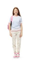 Photo of Teenage girl with backpack on white background