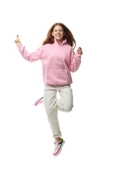 Photo of Happy teenage girl jumping on white background