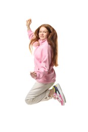 Photo of Happy teenage girl jumping on white background