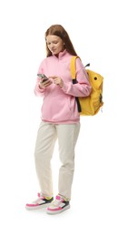 Photo of Teenage girl with smartphone and backpack on white background
