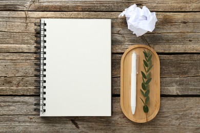 Photo of Notebook, pen, crumpled paper and green twig on wooden table, flat lay