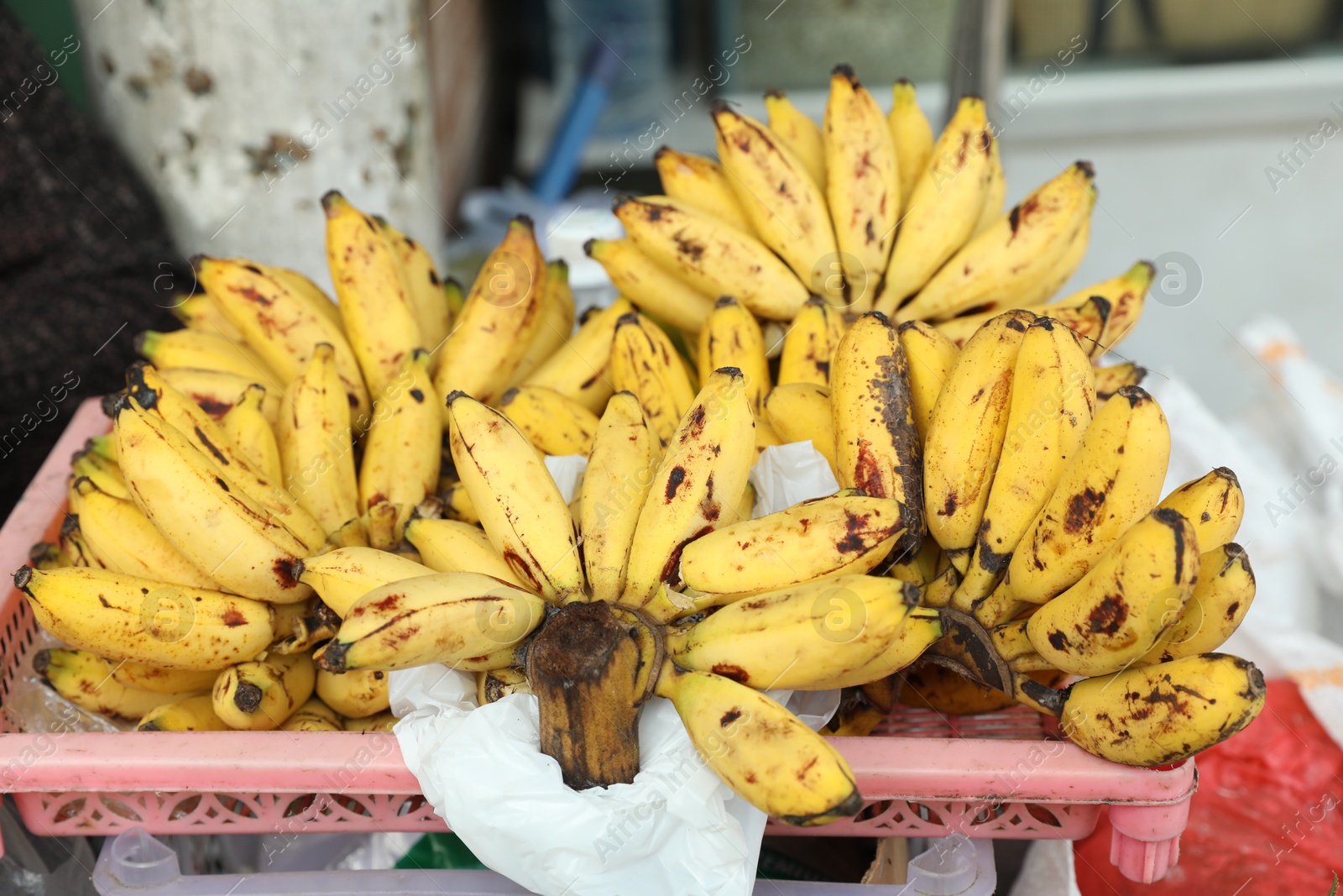 Many fresh ripe bananas at market, closeup Photo of Many fresh ripe bananas at market, closeup