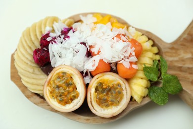 Photo of Different fresh fruits on white table, above view