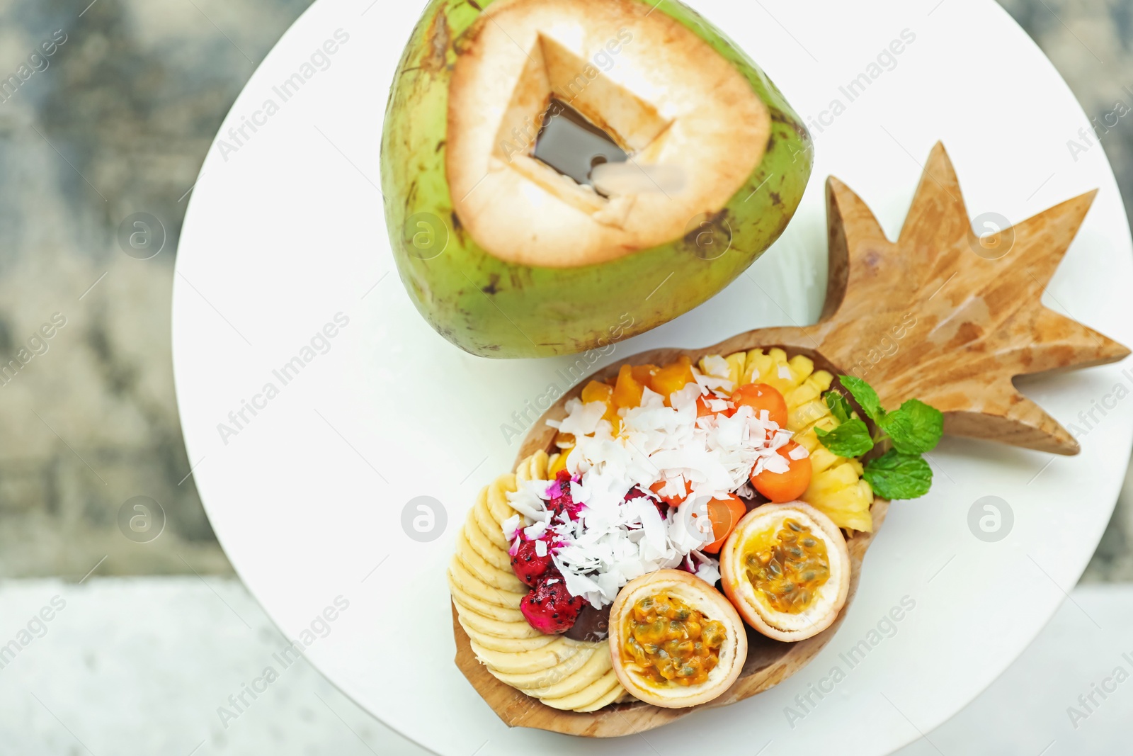 Different fresh fruits on white table, flat lay Photo of Different fresh fruits on white table, flat lay