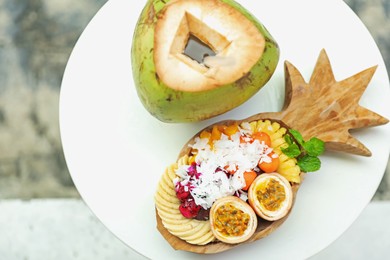 Photo of Different fresh fruits on white table, flat lay
