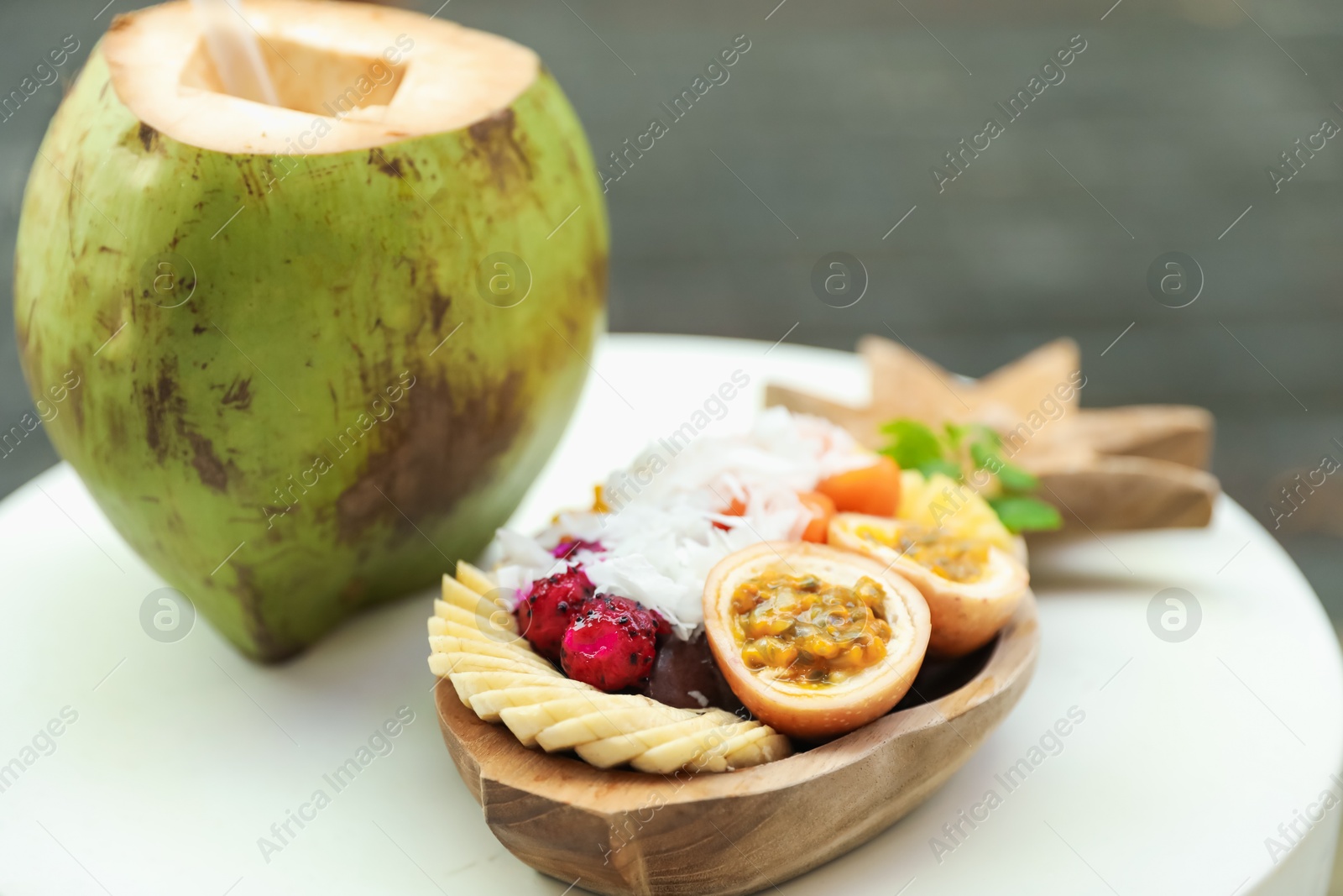 Different fresh fruits on white table, closeup Photo of Different fresh fruits on white table, closeup