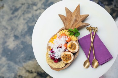 Photo of Different fresh fruits on white table, flat lay. Space for text
