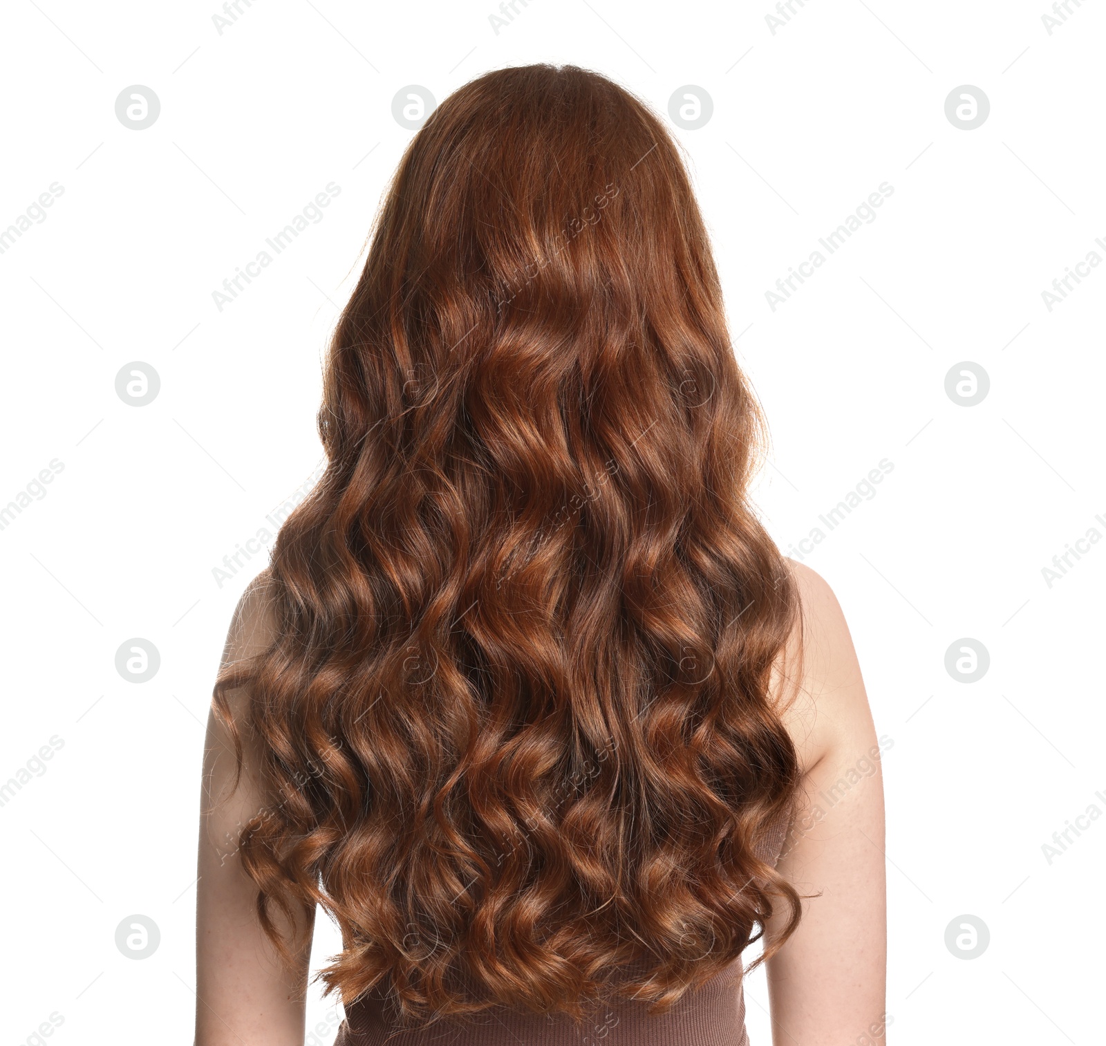 Teenage girl with healthy wavy hair on white background, back view Photo of Teenage girl with healthy wavy hair on white background, back view