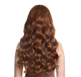 Photo of Teenage girl with healthy wavy hair on white background, back view
