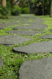 Photo of Stone walkway with green grass outdoors, closeup